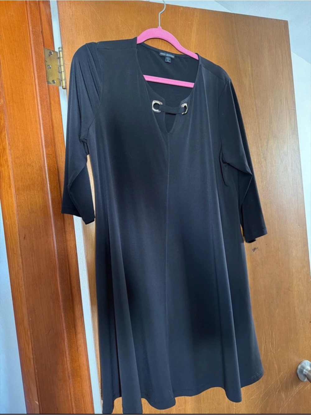 Nina Leonard Black Midi A-Line Dress with Metal Ring Accent